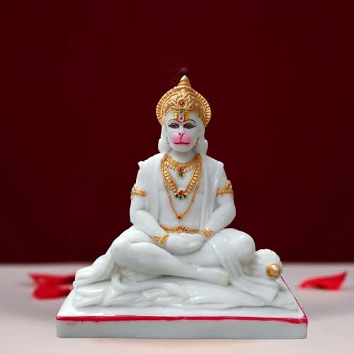 Image of Hanuman Ji Statue Sitting Idol Bajrangbali Murti Gift Article Decorative Showpiece. Beautifully Handcrafted Marble Panchmukhi Hanuman Ji for Home Temple (White-10 Inch)