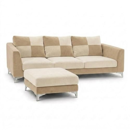 Image of Romeo Rich 4 Seater L Shape Sofa Set with Movable Ottomans | Flexible Layout | Velvet Suede Fabric | Golden Aesthetic Legs | Dual Tone Modern Sofa for Living Room (Beige-Cream)