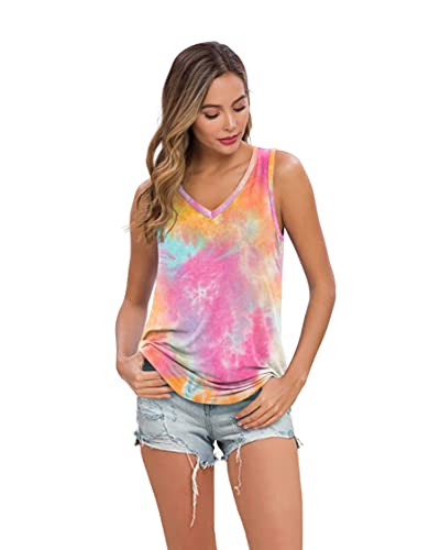 Feiersi Women's Summer Sleeveless V-Neck T-Shirt Casual Tank Tops Basic Blouse Shirts(Tie Dye Colorful Orange,Large) #TOP5