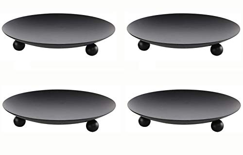 Toogh Iron Plate Candle Holder, Black, Decorative Iron Pillar Candle Plate, Set of 2, 4.75 inches D x .7 inches H, Pedestal Candle Stand for LED & Wax Candles, Incense Cones, Spa, Weddings