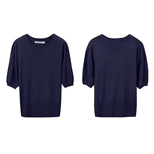 Image of Womens Short Sleeve Sweaters Crewneck Knit Pullover Tops 2025 Summer Casual Lightweight Crochet Blouse Shirt