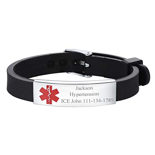 U7 Cutsomized Engraving Alert ID Bracelet Stainless Steel Rubber Silicone Emergency Type 1/2 Diabetic Medical Bracelets, Personalized Jewelry for Men Women Kids (Black)