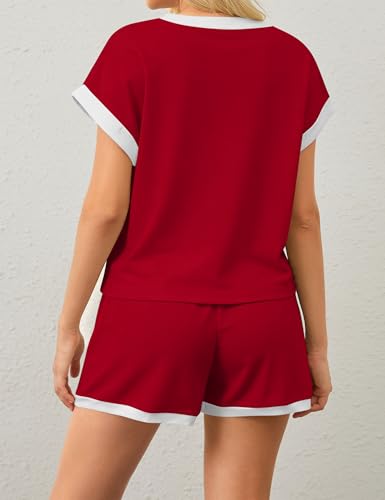 Image of MISSACTIVER 2 Piece Lounge Set Women Stripe Knit Short Sleeve Tee Shirts Shorts Casual Summer Loungewear Shorts Sets