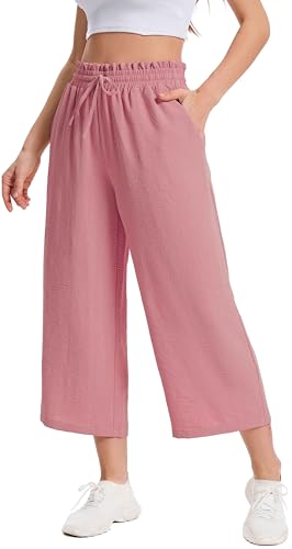 WUWUSKY Damen 3/4 Culotte Hose Leichte Sommerhose mit Taschen | Casual Lounge Hose mit Weitem Bein | Atmungsaktives Stoff Caprihose für Damen Ziegelrot M