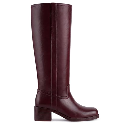 Image of Gothictor Women's Banana Knee High Boots Square Toe Chunky Block Heel Comfortable Low Heel Pull on Wide Calf Riding Long Boots for Women