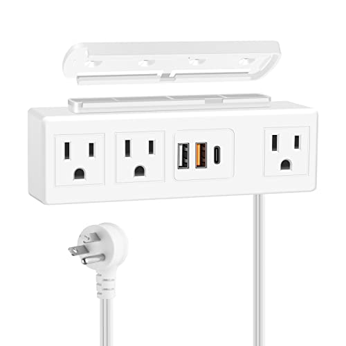 10FT White Under Desk Power Strip, Adhesive Wall Mount Power Strip with USB C,Desktop Power Outlets, Removable Mount Multi-Outlets with 3 Outlets & 2 USB-A Ports &1 USB-C Port