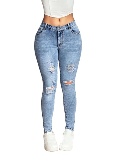 Women’S High Elastic Bows Ripped Mid Waisted Pencil Jeans Skinny Fit Sexy Ankle Length Zipper Fly Streetwear Denim Pants