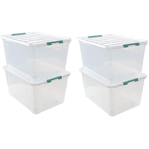 Parlynies 4-Pack 85 Quart Large Stackable Boxes, Plastic Storage Latch Bin with Wheels, Clear Cover