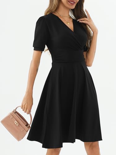 Image of Women's Summer Casual Dress Short Sleeve Wrap V-Neck A-Line Dress Sundress Wedding Guest Cocktail Midi Dresses