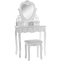 KOSY KOALA White love heart wood dressing table with stool and mirror bedroom furniture comes with 4 Drawers Vanity Table for Bedroom Girls Dressing Table Heart shaped mirror