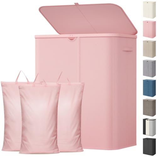 Image of Lifewit 185L 3 Section Laundry Hamper with Lid, Large Laundry Basket with Handles and Removable Bags, Tall Clothes Hamper, Foldable Laundry Sorter for Bedroom Bathroom, Pink