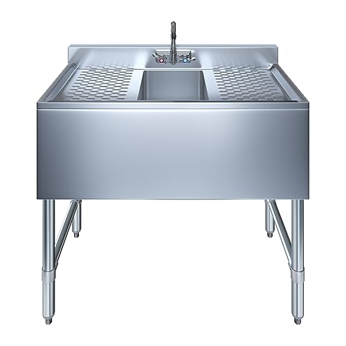 Image of 36 in. x 19 in. Stainless Steel Underbar Sink with Two Drainboards and Splash-Mounted Faucet | One Compartment Commercial Sink
