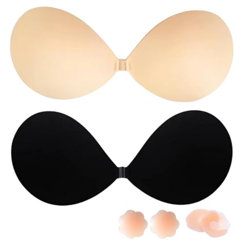 Dresmannst Klebe BH Push Up Rückenfrei Trägerloser mit 4 Nippelpads Klebebh Ohne Träger Nipple Cover Sticky Bra Große Brust Unsichtbarer Invisible Kleine Brüste Damen Klebe-BHS für Rückenfreies Kleid