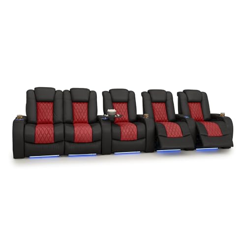Image of Seatcraft Diamante Black /Red Italian Leather Home Theater Seating, Zero Gravity Power Recliner, Gaming and Home Office Chair, Powered Headrest Furniture for Cinema Room, Row of 5 Left Loveseats