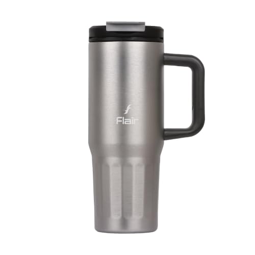 Image of FLAIR Vogue Vacuum Insulated Stainless Steel 750 ml Tumbler with Handle | 2-in-1 Lid with Flip Straw & Sip Spout -Grey | Hot & Cold Beverage Mug | Leak Resistant