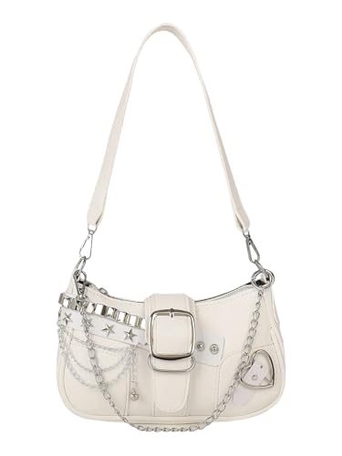 Verdusa Women's Y2k Purse Star Embroidery Shoulder Bag Cute Purses Mini Chain Hobo Handbag White One Size