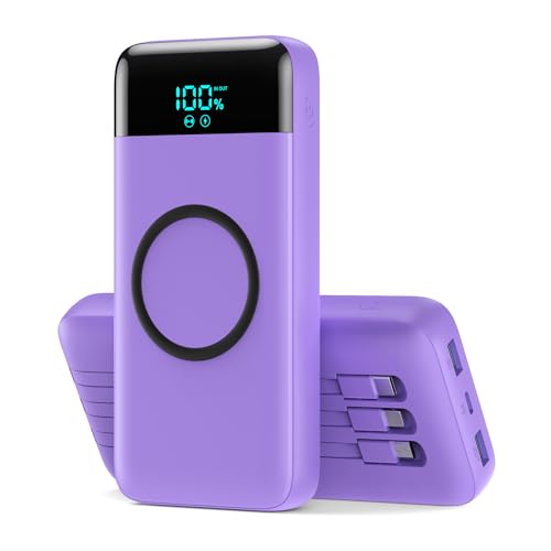 Wireless Portable Charger 40800mAh with 3 Built-in Cables 7-in-1 15W Wireless Charging Power Bank 25W PD QC 4.0 Fast Charging USB C LCD Display Battery Pack for iPhone 16/15/13 Samsung Android-Purple
