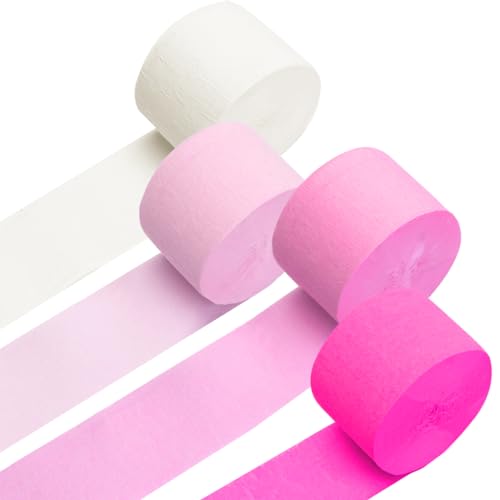 PIGETALE Crepe Paper Streamers 4 Rolls 328ft Pack of Pink Peach and White Crepe Paper Party Streamers for Birthday Baby Shower Wedding Graduation Party Decorations (1.8Inch x 82Ft/Roll)