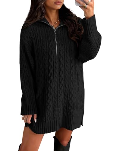 Saodimallsu Womens Cable Knit Mini Sweater Dress Quarter Zip Long Sleeve V Neck Collared Pullover Tunic Sweaters
