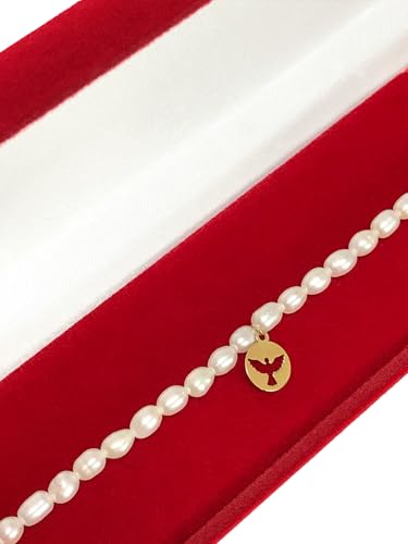 Pulseira Feminina Pérolas C/Pingente Pomba Do Divino Ouro 18k 750 Acompanha Estojo e Certificado