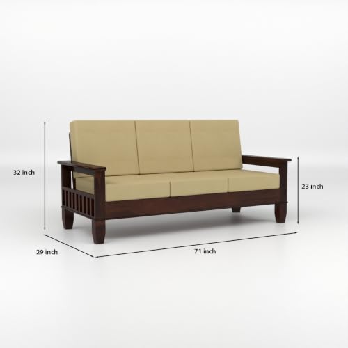 Image of Solid Sheesham Wood 3 Seater Sofa for Living Room | Premium Wooden Sofa with Side Magazine Rack | Comfortable Fabric Cushions | Modern Home & Office Furniture