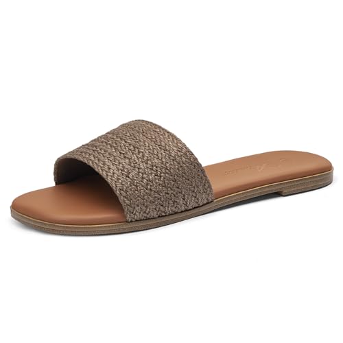 Image of Athlefit Flat Sandals Women Dressy Square Toe Raffia Summer Slide Sandals