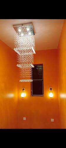 Image of GA 8 Light Raindrop Crystal Chandelier Modern Staircase Ceiling Light Fixture for Hallway, Living Room, Hotel & Entryways - 1.7(L) X1.7(B) X8(H) FT -Chrome Plate