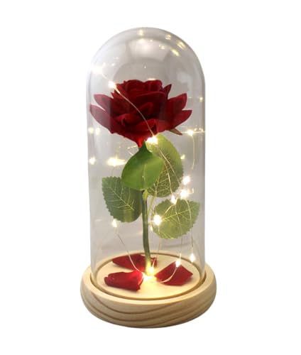 Eternal Red Rose in Glass Dome with LED Lights Light Up Artificial Rose Dcor Romantic Gift for Women with Gift Box for Anniversary Birthday Valentines Day or Holiday Season