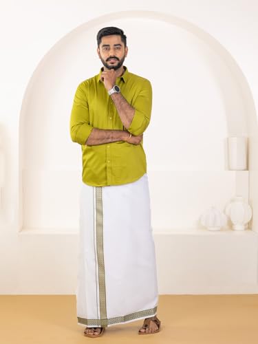 Image of RAMRAJ COTTON Men Premium Cotton Full Sleeves Shirt and Fancy Border Dhoti Set Luxe Set