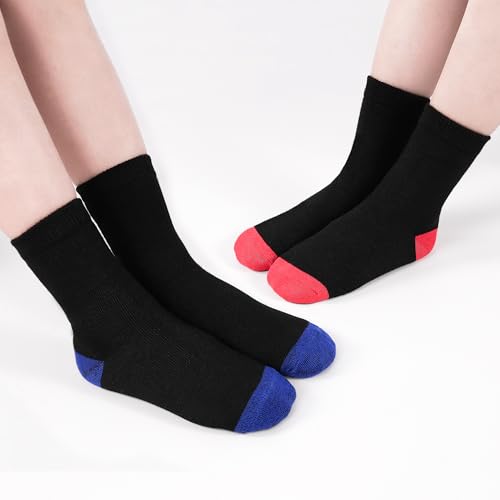 Image of 12 Pairs Kids Crew Socks,Black School Socks for Unisex Ages 1-13 | Trendy color-block design on classic black base,for school uniforms, athletic activities and indoor home leisure