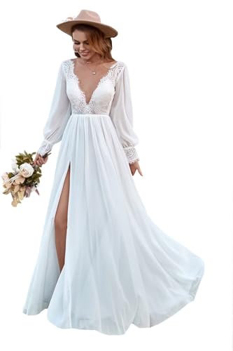 Lorencia Women's Long Sleeve V Neck Lace Beach Wedding Dresses 2025 Empire Waist A Line Chiffon Bridal Gowns for Bride LN003