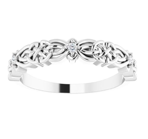 925 Sterling Silver White Gold Finish Vintage 0.10 Ct Round Cut White Diamond Celtic Knot Trinity Design Wedding Eternity Stacking Band Ring for Women