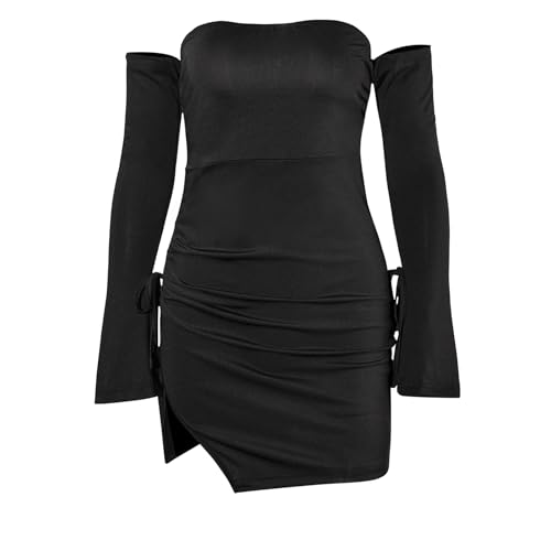 Image of Women Sexy Off Shoulder Side Slit Bodycon Mini Dress Ruched Long Flare Sleeve Night Club Party Dress