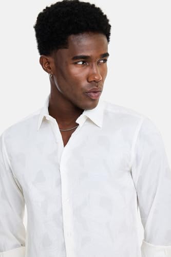 Image of SNITCH Men Shirt | Slim Fit Long Sleeve Spread Collar Jacquard Leaf Pattern | Premium Polyester Cotton Blend & Breathable Fabric for Elegant Events