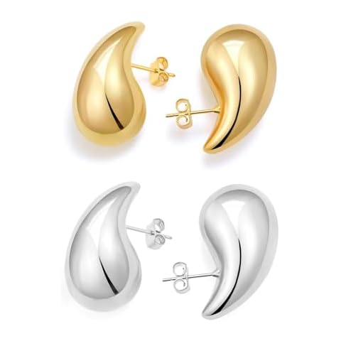 Vuleto 2 Pairs Teardrop Earrings Dupes Set for Women, Lightweight Gold Silver Chunky Hoops Tear Drop Dangle Earrings Hypoallergenic Trendy Fashion Jewelry Gifts Cover