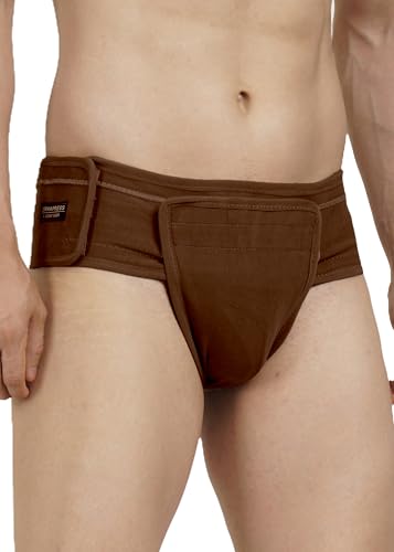 Image of Inguinal Hernia Supporter |HIGH COMPRESSION || Hook & Loop Closure || Scrotum Support || Gym & Daily Use Supporter || Relieve Pain and Swelling || Stretchable || Cotton-Lycra Fabric || Breathable Cotton-Lycra (Brown, XS)