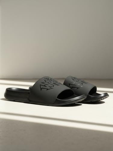 Image of WROGN Men's PU Sliders | Jagged-Edge Tonal Graphic | Cushioned Sole