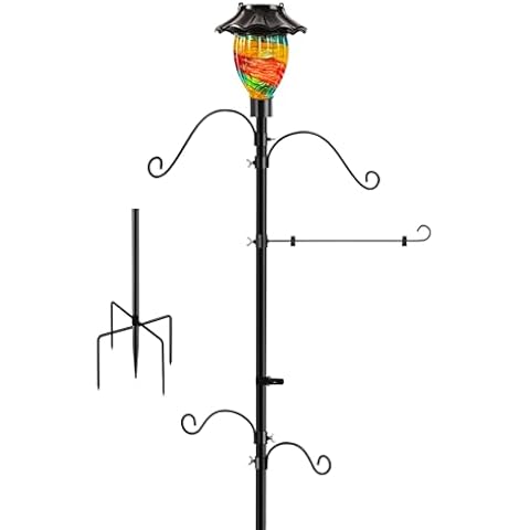 LUJII Solar Shepherds Hooks for Outside, Bird Feeder Pole with 4 Adjustable Hangers and 1 Flag Holder, Garden Stand for Hummingbird Feeders, Wind Chimes, Plant Baskets, Lanterns (Ribbon) Cover