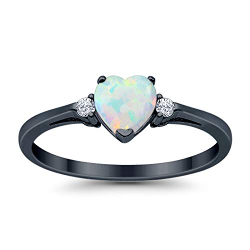 925 Sterling Silver Promise Ring Heart Shaped Created White Opal Black Tone Clear Cubic Zirconia Accent, Size - 7