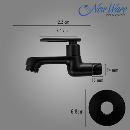 Image of New Ware Brass Bib Cock Tap Matte Black 5.5 Inch | Wall Mount Faucet with Flange | Bathroom Kitchen Sink Water Tap