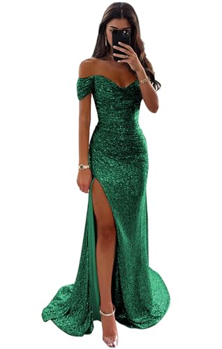 Off Shoulder Sparkly Sequin Emerald Green Prom Dresses 2025 Long with Slit V-Neck Mermaid Formal Evening Party Gowns Size 4
