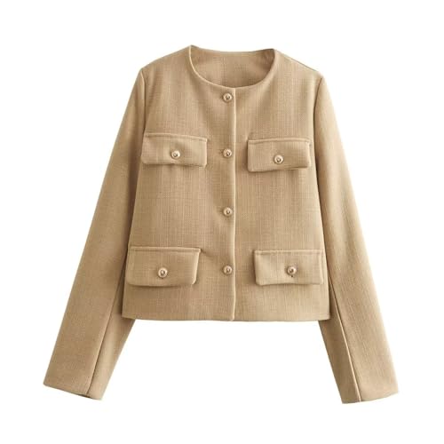 Womens Cropped Tweed Blazer Jackets Long Sleeve Slim Coat Button Down Business Casual Outfits Winter Work Office Coat