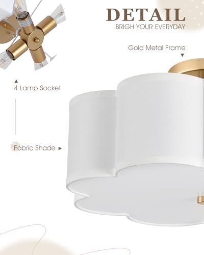 Image of Gold Semi Flush Mount Ceiling Lights, 4-Light 18 inch Ceiling Light Fixtures with Fabric Shade in Flower Shape, Farmhouse Brass Drum Lighting for Nursery Bedroom Kitchen, AD-22009-4SF-GD