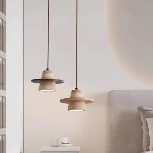 Nordic Natural Stone Pendant Light with E26/E27 Wood Base Lamp 7.8in Dining Room Decorative Hanging [2]