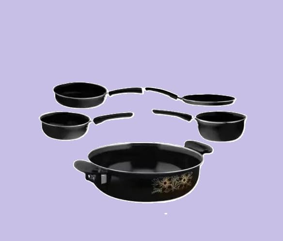 Image of 5 Piece Cast Iron Induction Non Stick Cookware Set Kadai Fry Pan Tawa Saucepan Tadka Pan Kitchen Durable Set Black Free Size