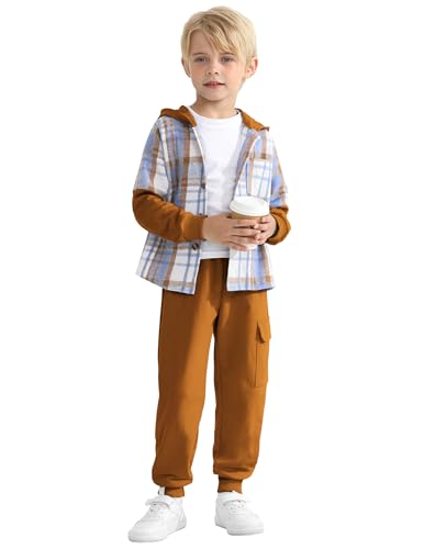 Image of 2Pcs Boys Clothes Sweatsuit Set Hoodie Flannel Plaid Shirt and Jogger Pants for Kids Fall Winter Spring Outfits