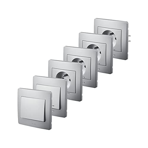 Prise de Courant | Prise Murale | Prise encastrable | Boitier Mural | Appareillage Encastre | DEBFLEX 739901 2 Lot de 4 Prises 2P+T 16A ET 2 VV Aluminium