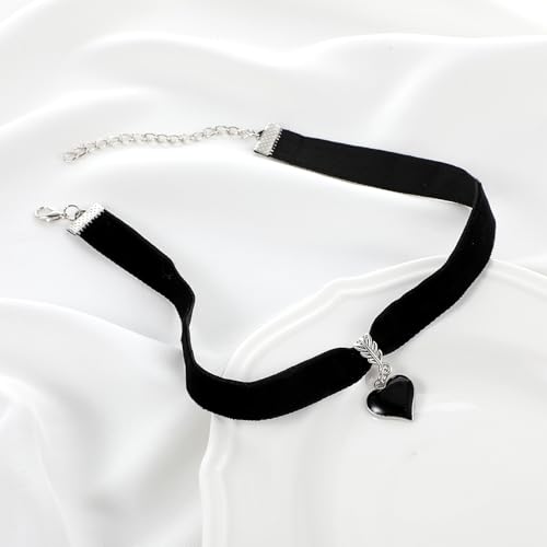Telooco Gothic Halsband Damen Vintage Herz Trachtenkette Damen Verstellbare Samt Halskette mit Herzanhänger 90er Jahre Klassische Herz Halskette Valentinstag Halloween Schmuck (Schwarz Herz)