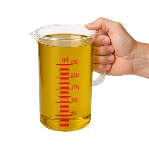 CHEFZOCO Verre doseur, verre doseur, récipient doseur pour la cuisine, compatible avec le chauffage au micro-ondes, poignée ergonomique, capacité de 250 ml, plastique, transparent