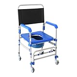 Toilettenstuhl mit 4 Feststellbaren Rädern WC-Duschstuhl mit klappbaren Füßen Geriatrischer Badezimmerstuhl bis 125 kg für Behinderte